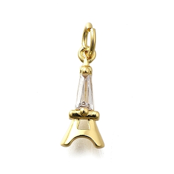 Brass Micro Pave Cubic Zirconia Charms, Eiffel Tower, Rack Plating, Cadmium Free & Lead Free, Long-Lasting Plated, with Jump Ring, Real 18K Gold Plated, 15x6x3mm, Hole: 3mm