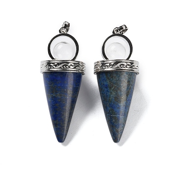 Dyed Natural Lapis Lazuli Pendants, with Rack Plating Brass Findings, Lead Free & Cadmium Free, Cone, 46~47x18mm, Hole: 7x5mm