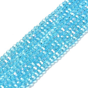 Transparent Glass Beads, 32 Facets, AB Color Plated, Round, Deep Sky Blue, 3.5x3mm, Hole: 1mm, about 168~169pcs/strand, 19.09''(48.5cm)