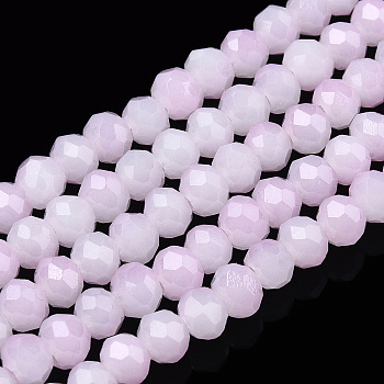 Two-Tone Imitation Jade Glass Beads Strands, Faceted, Rondelle, Plum, 8x7mm, Hole: 1.5mm, about 65~66pcs/strand, 16.06 inch~16.34 inch(40.8~41.5cm)