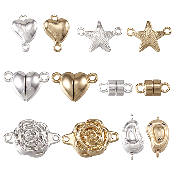 12 Sets 12 Styles Brass Magnetic Clasps, for Jewelry Making, Column & Rose & Heart, Mixed Shapes, Mixed Color, 11~18x5~11.5x4.5~6mm, Hole: 0.9~1.8mm, 1 set/style