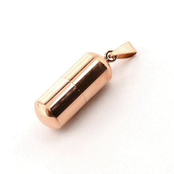 304 Stainless Steel Pendants, Capsule Shape, for Portable Mini Refillable Perfume Bottle, Rose Gold, 27.5x9.5mm, Hole: 3.5x5.5mm, Capacity: 1ml