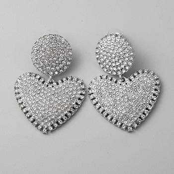 Crystal Rhinestone Heart Dangle Stud Earrings with 925 Sterling Silver Pin, Alloy Long Drop Earrings for Valentine's Day, Platinum, 52mm, Pin: 0.8mm