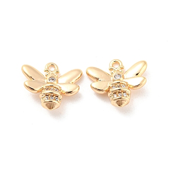 Brass Micro Pave Cubic Zirconia Charms, Bees, Real 18K Gold Plated, 12x13x5mm, Hole: 1.4mm