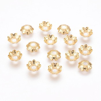 304 Stainless Steel Bead Caps, Multi-Petal, Flower, Real 18k Gold Plated, 7x2mm, Hole: 2mm