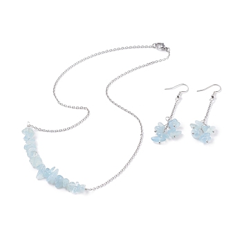 Natural Aquamarine Chips Beaded Jewelry Set, Gemstone Pendant Necklace & Cluster Dangle Earrings with 304 Stainless Steel Cable Chains for Women, Stainless Steel Color, 60mm, Pin: 0.6mm,19.29 inch(49cm)