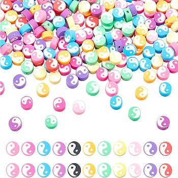 NBEADS 300Pcs Handmade Polymer Clay Beads, Flat Round with Taiji, Mixed Color, 9~10x4~7mm, Hole: 1.6mm, 300pcs/box