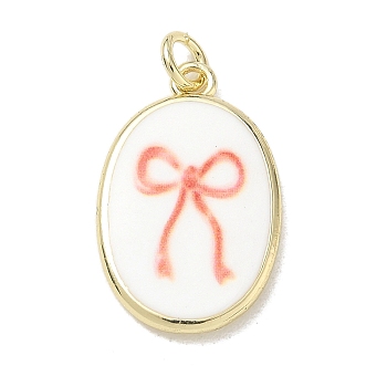 Printed Brass Pendants, Oval with Bowknot Charms, Golden, Pink, 22.5~23x14.5x3~4mm, Hole: 4mm