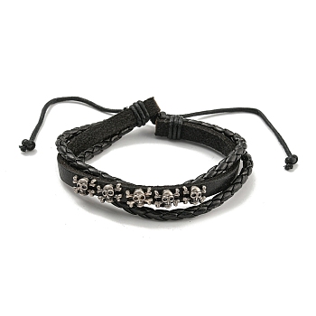 PU Imitation Leather Braided Cord Bracelets, Skull Alloy Two Layer Multi-strand Bracelets, Black, Inner Diameter: 2-1/4~3-3/4 inch(5.7~9.5cm)