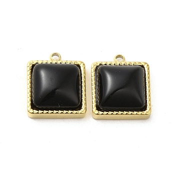 304 Stainless Steel Charms, with Cat Eye, Saqure Charms, Real 14K Gold Plated, Black, 14.5x12x5.3mm, Hole: 1.4mm