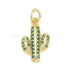 Brass Micro Pave Cubic Zirconia Pendants, Cactus Charms, Long-Lasting Plated, Rack Plating, Lead Free & Cadmium Free, Green, Real 18K Gold Plated, 16x10x2.5mm, Hole: 3.5mm(KK-F938-10G)