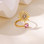304 Stainless Steel with Glass Rhinestone Open Cuff Rings, Sun, Ion Plating(IP), Real 18K Gold Plated, US Size 7 3/4(17.9mm)(RJEW-Z132-05G)