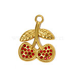 304 Stainless Steel Rhinestone Pendants, Hand Polished Cherry Charms, Ion Plating(IP), Real 18K Gold Plated, 20x15mm(STAS-OY005-44G)