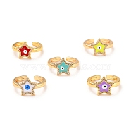 Star with Evil Eye Cubic Zirconia Cuff Ring for Women, Real 18K Gold Plated Brass Enamel Open Ring, Cadmium Free & Lead Free, Mixed Color, US Size 7 3/4(17.9mm)(RJEW-C004-23-RS)