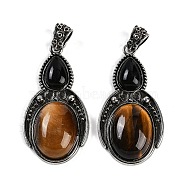 Natural Tiger Eye & Natural Obsidian Pendants, Gourd Charms with Antique Silver Tone Alloy Findings, Cadmium Free & Lead Free, 44.5x23x7.5mm, Hole: 4x6mm(G-I370-08AS-01)