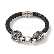 Braided Microfiber Leather Cord Bracelets, 304 Stainless Steel Wolf Bracelets for Men, Antique Silver, 9x1/4 inch(22.7x0.8cm)(BJEW-B096-19A)