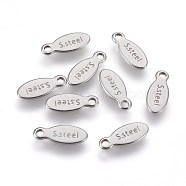 304 Stainless Steel Charms, Chain Extender Teardrop, Oval with Word Steel, Stainless Steel Color, 10x4x0.6mm, Hole: 1.2mm(STAS-E454-02P)