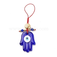 Handmade Evil Eye Lampwork Pendant Decorations, with Braided Nylon Thread and Lotus Pattern Alloy Beads, Buddha Hand, Medium Blue, 133mm(HJEW-JM00701)