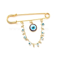 Cyan Resin Evil Eye with Brass Dangle Chain Lapel Pin, Iron Safety Pin for Women, Golden, 74x20x8mm(JEWB-BR00076)