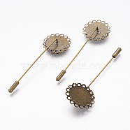 Antique Bronze Brass Cravate Pin Settings, Lead Free & Nickel Free, 78x26mm, Flat Round Tray: 20mm(X-KK-CJSEB43-AB-FF)