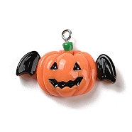 Opaque Resin Pendants, Halloween Charms with Platinum Tone Alloy Loops, Coral, Pumpkin with Wing, 23x32.5x9mm, Hole: 1.5mm(RESI-K020-03B)