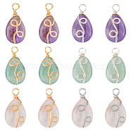 12Pcs 6 Styles Natural Mixed Stone Pendants, Natural Amethyst & Rose Quartz & Green Aventurine, Teardrop Charm, Twisted with Golden Tone Copper Wire, Golden & Silver, 25~25.5x13x6.7~7mm, Hole: 3.4~3.9mm, 2pcs/style(FIND-FH0006-25)