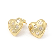 Clear Cubic Zirconia Heart Stud Earrings, Brass Jewelry for Women, Golden, 14x15.5mm, Pin: 0.8mm(EJEW-E275-03G)
