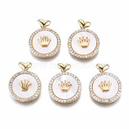 Brass Micro Pave Clear Cubic Zirconia Pendants, with White Shell Nickel Free, Flat Round with Crown, Real 18K Gold Plated, 16x13x3mm, Hole: 1.4mm(KK-Q767-002-NF)