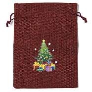 Christmas Theme Jute Cloth Storage Bags, Rectangle Drawstring Bags, FireBrick, Christmas Tree, 18x13x0.4cm(ABAG-F010-01B-08)