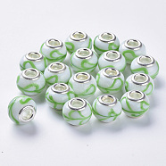 Handmade Lampwork European Beads, Large Hole Beads, with Silver Color Plated Brass Double Cores, Rondelle, Green, 14x11mm, Hole: 5mm(LAMP-S193-008C)