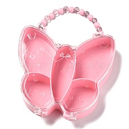 Butterfly Plastic Jewelry Boxes, 5 Grids with Plastic Beads Handle, Transparent Cover, Pink, 15x15.1x3.05cm,  5 compartments/box(OBOX-F006-01)