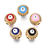 Brass Micro Pave Cubic Zirconia Beads, with Enamel, Real 18K Gold Plated, Round with Evil Eye, Nickel Free, Mixed Color, 10mm, Hole: 2mm(KK-N227-88)