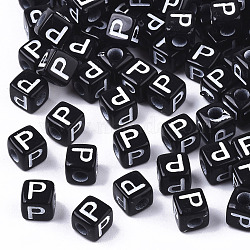 Opaque Acrylic Beads, Horizontal Hole, Alphabet Style, Cube, Black & White, Letter.P, 5x5x5mm, Hole: 2mm, about 5000pcs/500g(SACR-N002-01P)