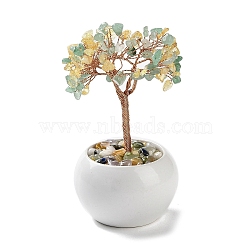 Natural Yellow Quartz & Green Aventurine Chips Tree Decorations, Ceramic Bowl Base Copper Wire Feng Shui Energy Stone Gift for Home Desktop Decoration, 65~68x130~135mm(DJEW-M012-01C)