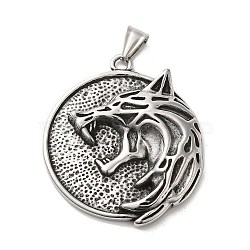 304 Stainless Steel Big Pendants, Flat Round with Wolf & Helm of Awe Charm, Antique Silver, 60x44x7mm, Hole: 10x5mm(STAS-D091-05AS)