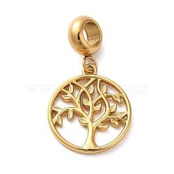 Ion Plating(IP) 304 Stainless Steel European Dangle Charms, Large Hole Pendants, Flat Round with Tree of Life Pattern, Golden, 27mm, Pendant: 18x16x1.5mm, Hole: 4.5mm(STAS-G308-28G)