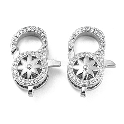 Brass Micro Pave Clear Cubic Zirconia Lobster Claw Clasps, Flower, Platinum, 19.5x13x6.5mm, Hole: 1.5mm(KK-Q789-02P)