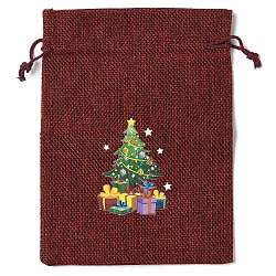 Christmas Theme Jute Cloth Storage Bags, Rectangle Drawstring Bags, FireBrick, Christmas Tree, 18x13x0.4cm(ABAG-F010-01B-08)