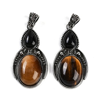 Natural Tiger Eye & Natural Obsidian Pendants, Gourd Charms with Antique Silver Tone Alloy Findings, Cadmium Free & Lead Free, 44.5x23x7.5mm, Hole: 4x6mm