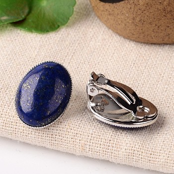 Natural Dyed Lapis Lazuli Oval Clip-on Earrings, with Platinum Plated Brass Findings, 21x15mm