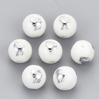 Electroplate Glass Beads, Round with Constellations Pattern, Platinum Plated, Capricorn, 10mm, Hole: 1.2mm