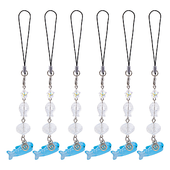 6Pcs Glass & Alloy & Resin Mobile Straps, Whale, Mixed Color, 140mm