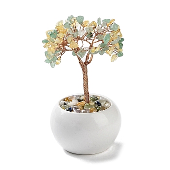 Natural Yellow Quartz & Green Aventurine Chips Tree Decorations, Ceramic Bowl Base Copper Wire Feng Shui Energy Stone Gift for Home Desktop Decoration, 65~68x130~135mm