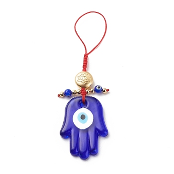 Handmade Evil Eye Lampwork Pendant Decorations, with Braided Nylon Thread and Lotus Pattern Alloy Beads, Buddha Hand, Medium Blue, 133mm