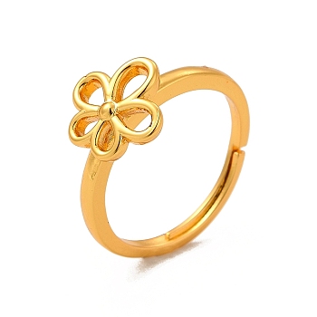 Rack Plating Brass Hollow Out Flower Adjustable Ring for Women, Cadmium Free & Lead Free, Real 18K Gold Plated, Inner Diameter: 16~20mm