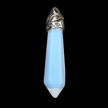 Opalite Pendants, Pointed Faceted Bullet Shaped Charms with Alloy Findings, Platinum, 40x9.5x8.5mm, Hole: 2mm