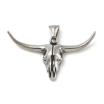 316 Surgical Stainless Steel Big Pendants, Cattle Head Charm, Antique Silver, 31.5x55x8.5mm, Hole: 4x8mm