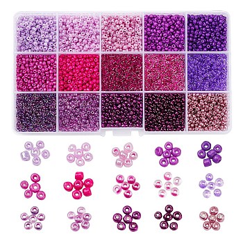 3750Pcs 15 Style 8/0 Glass Round Seed Beads, Baking Paint & Ceylon & Metallic Colours & Transparent Inside Colours Round Hole Beads, Small Craft Beads, for DIY Jewelry Making, Mixed Color, 3~4x2~3mm, hole: 0.8~1mm, 250pcs/style