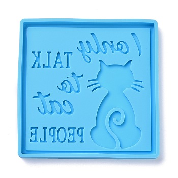 DIY Pendant Silicone Molds, Resin Casting Molds, For UV Resin, Epoxy Resin Jewelry Making, Square with Cat Pattern & Word, Deep Sky Blue, 85x85x7mm, Inner Diameter: 81x81mm