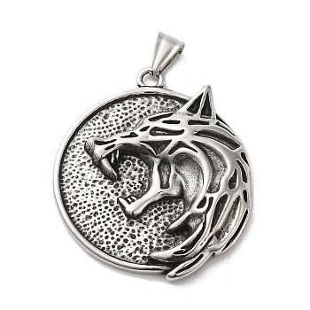 304 Stainless Steel Big Pendants, Flat Round with Wolf & Helm of Awe Charm, Antique Silver, 60x44x7mm, Hole: 10x5mm